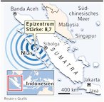 Landkarte: Epizentrum des Seebebens vor Sumatra am 29.3.05; Großansicht [FR]