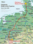CO2-Pipeline: Landkarte des Trassenverlaufs, Großansicht beim BUND