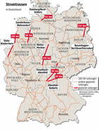 Stromtrassen in Deutschland: 380 V-Leitungen: Bestand und Ausbau:  Grafik Großansicht